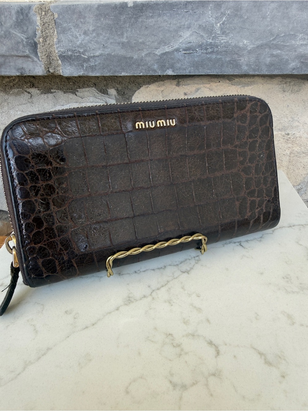 Authenticated Dark Brown Miu Miu Croc-Embossed Leather Wallet